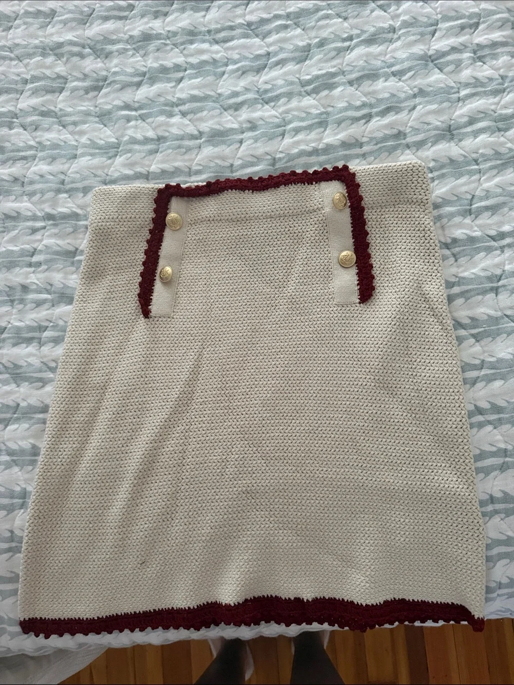 J. Crew Cream Knit Pencil Skirt with Burgundy Trim